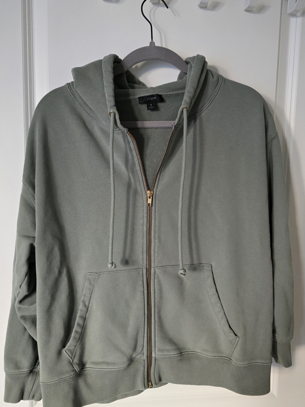J.Crew Sage Green Zip-Up Hoodie, Gold Zipper
